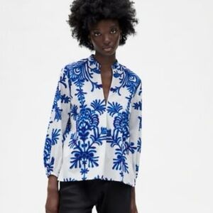 Zara Blue and White Patterned Blouse